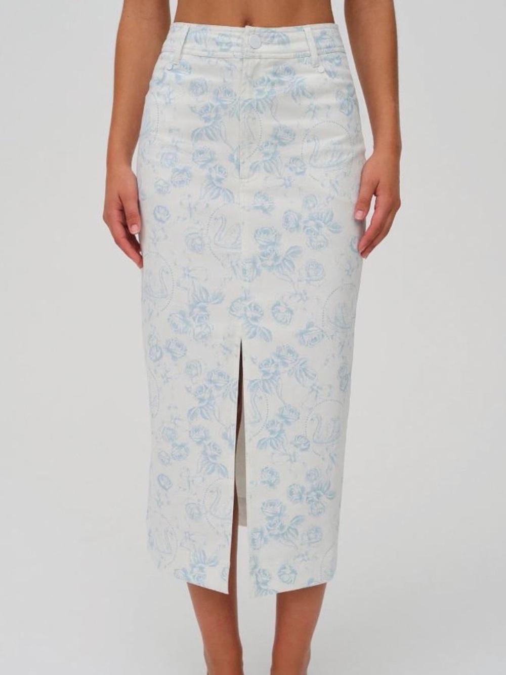 For Love & Lemons Chantal Blue Floral Swan Denim Midi Skirt M